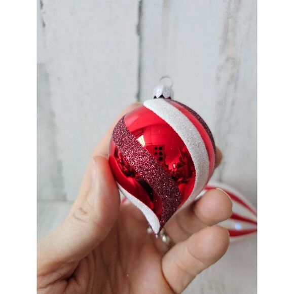 Striped reflector red ornament teardrop ball set lot Xmas tree large - Picture 4 of 13